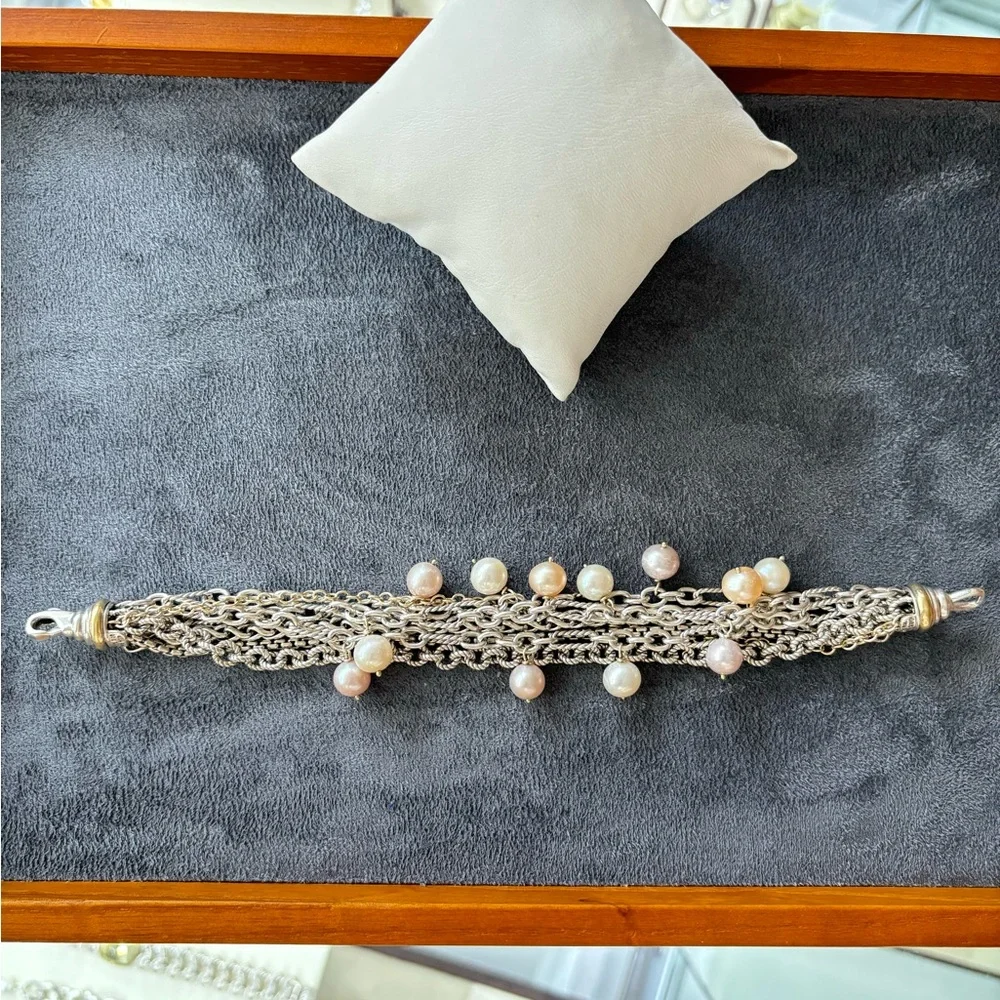 David Yurman 925 & 18k Gold Multi-Strand Pearl Bracelet 7" - Picture 6 of 9